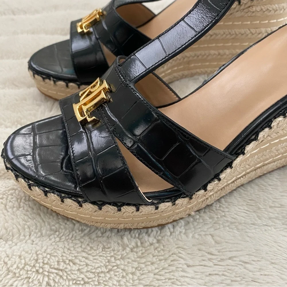 Lauren Ralph Lauren Hale II Black Leather Croc Espadrille Wedges Size 9.5